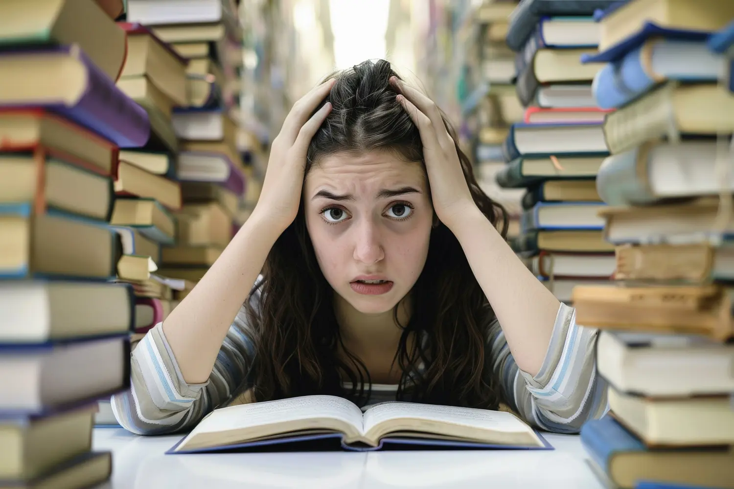 Gestresste junge Frau, die umgeben von riesigen Stapeln von Büchern studiert.